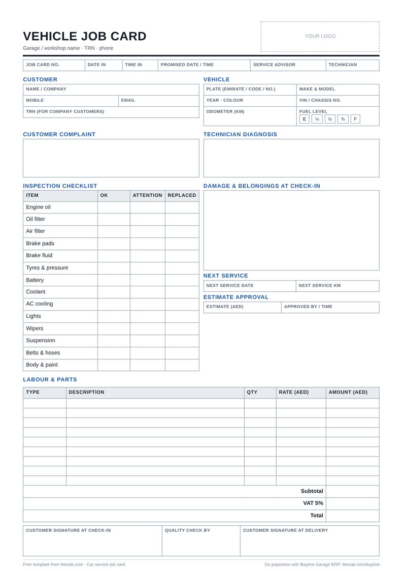 Printable vehicle job card template with inspection checklist, labour and parts