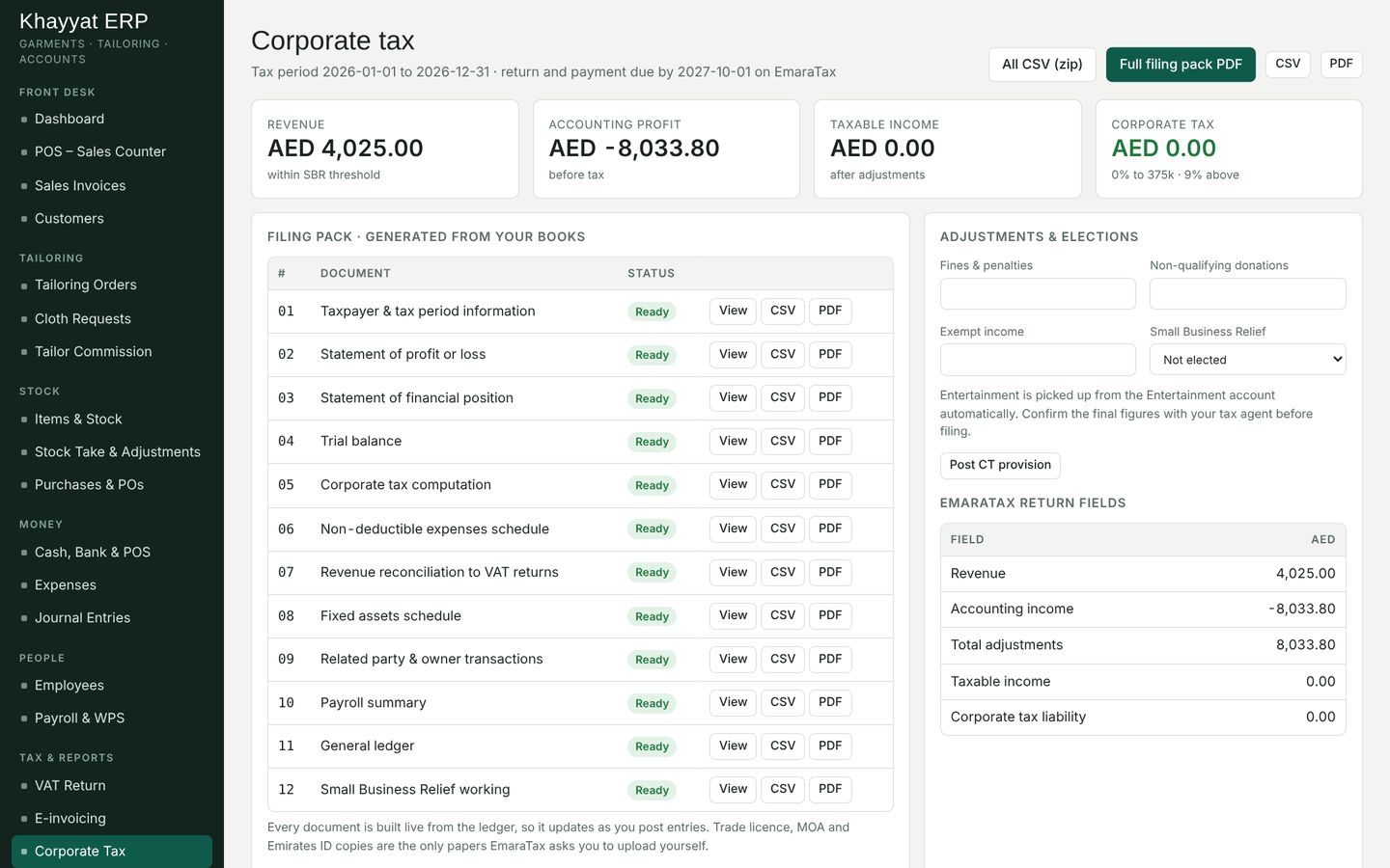 Khayyat UAE corporate tax computation screen