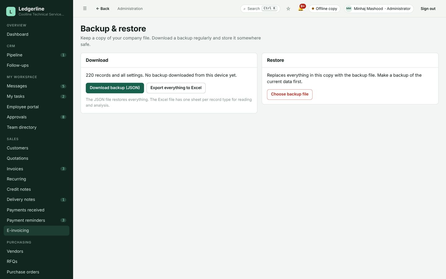 Ledgerline backup and restore