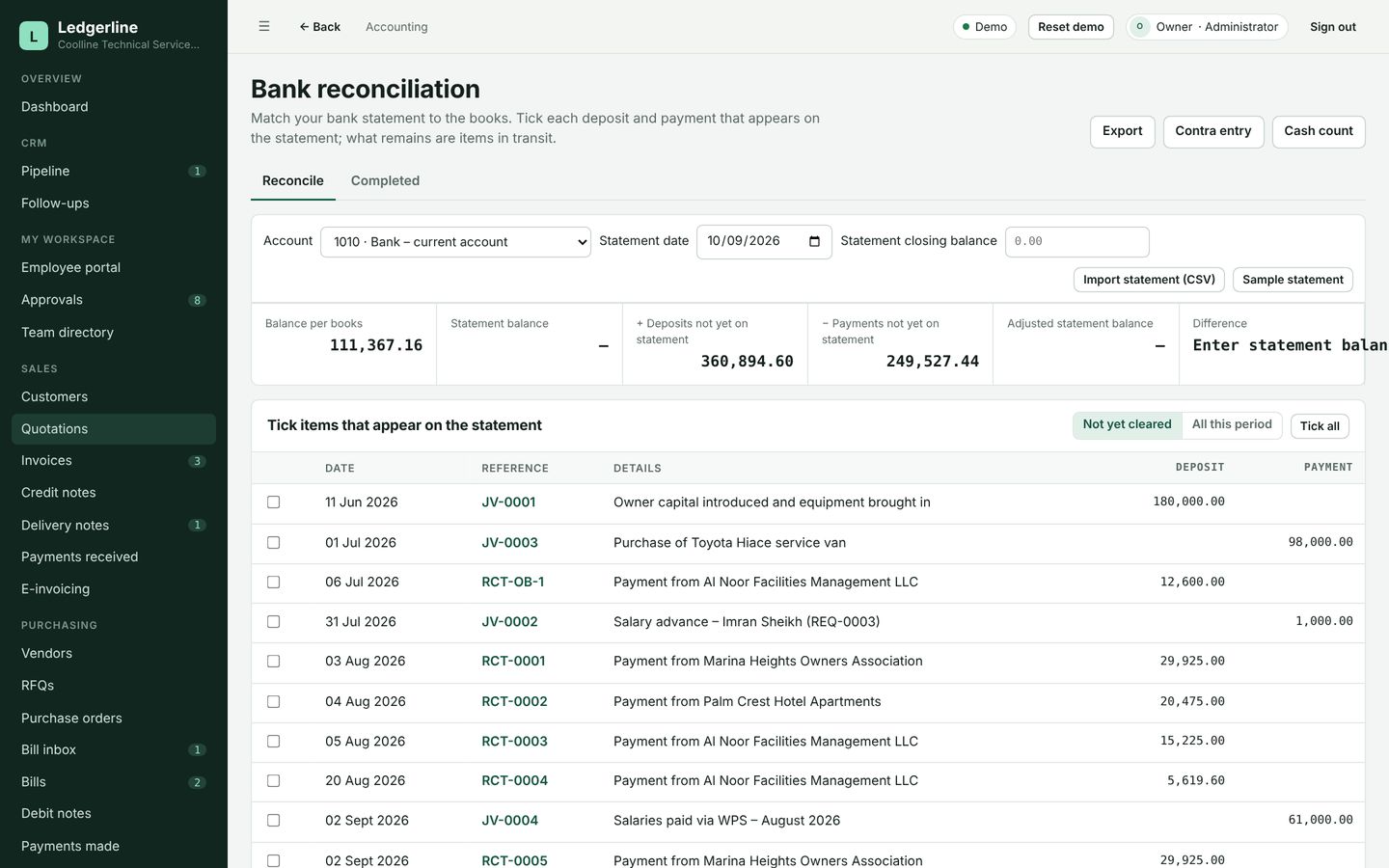 Ledgerline bank reconciliation