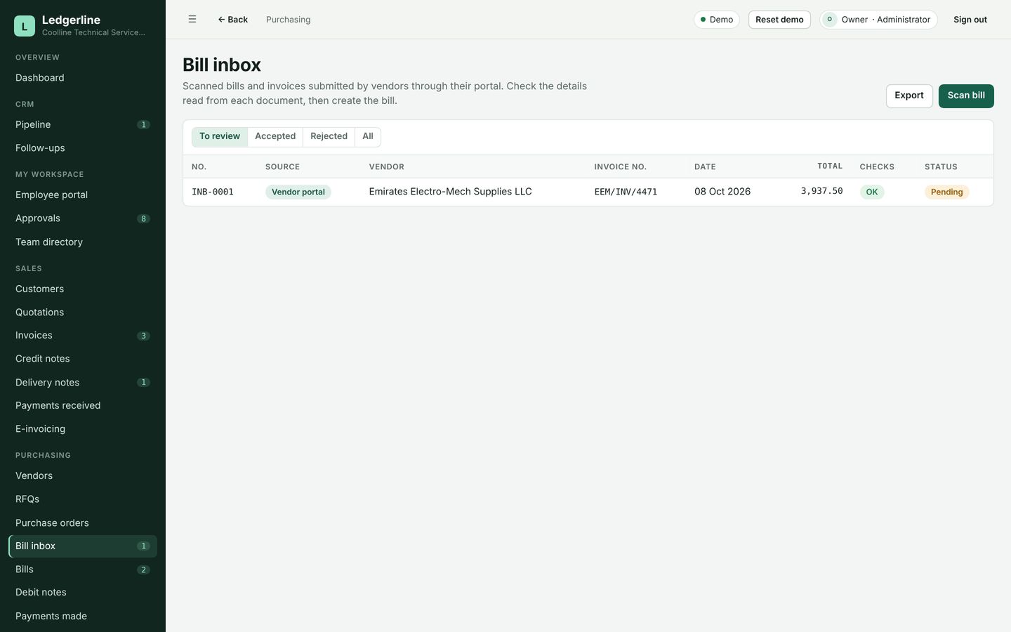 Ledgerline bill inbox