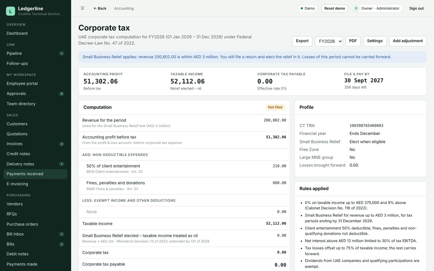 feenak software UAE corporate tax computation screen