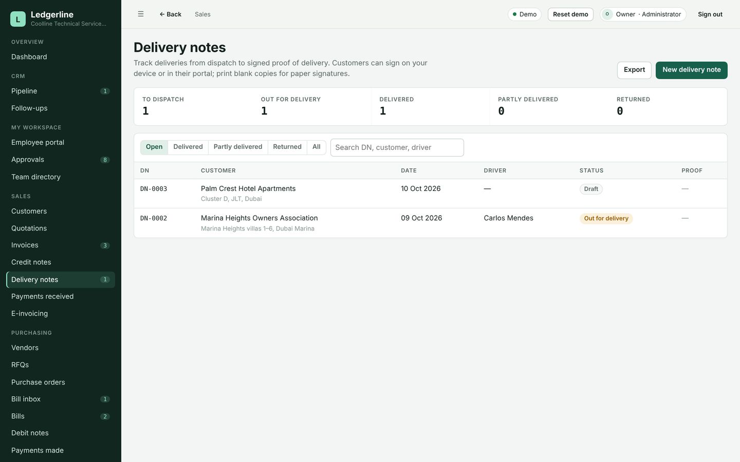 Ledgerline delivery notes