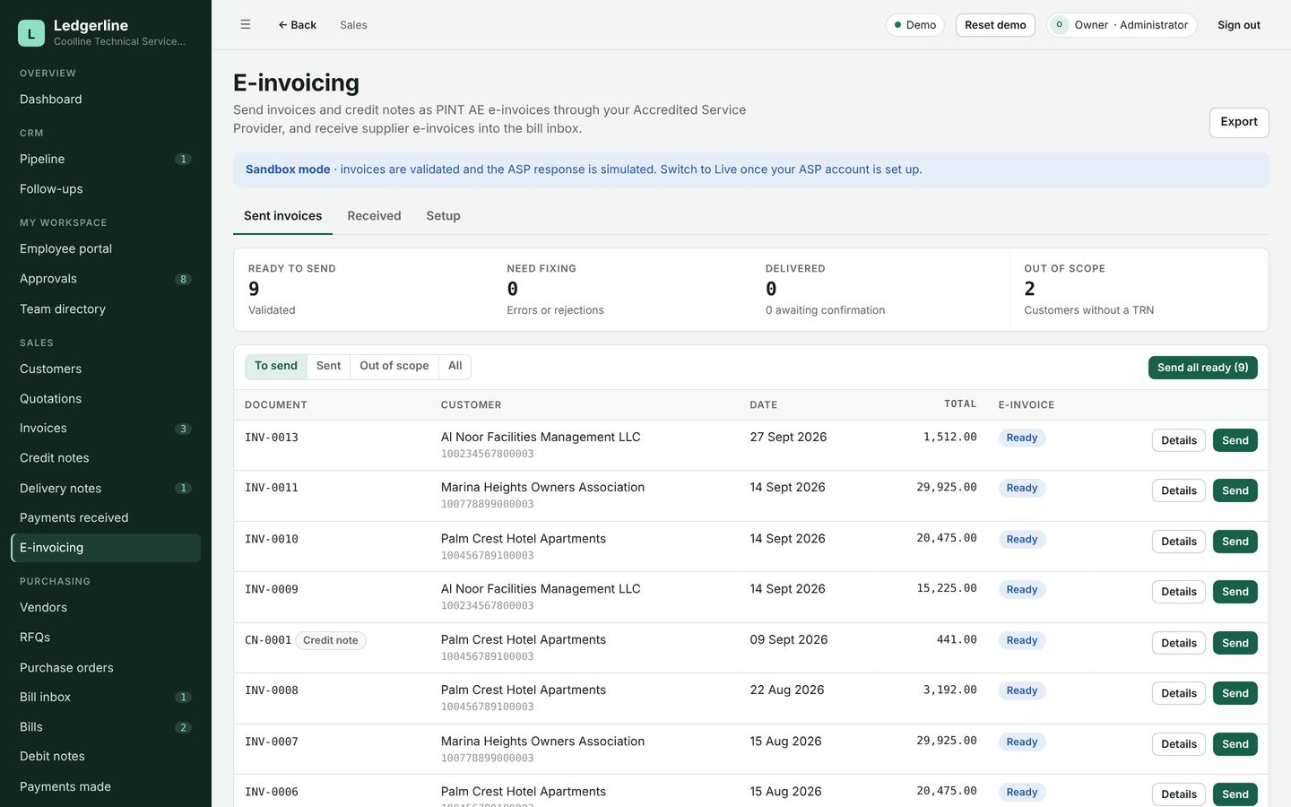 Ledgerline UAE e-invoicing PINT AE screen