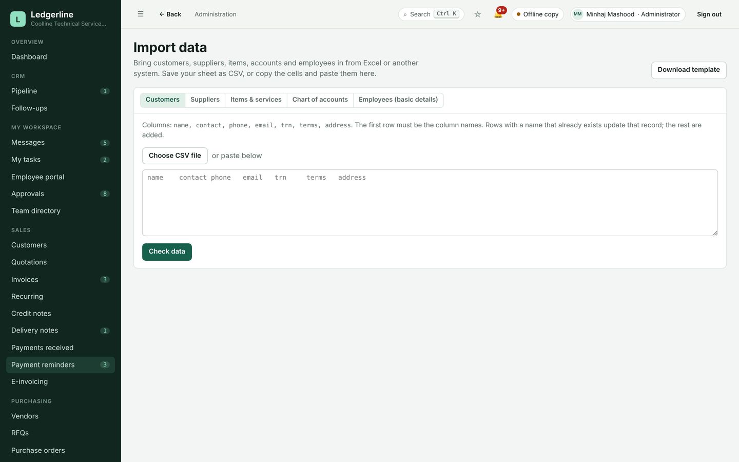 Ledgerline import data from Excel