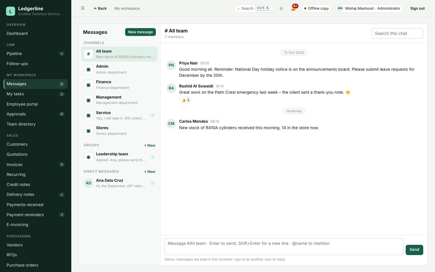 Ledgerline team messages with channels, groups and direct messages