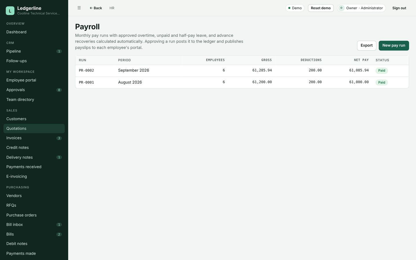 Ledgerline payroll runs