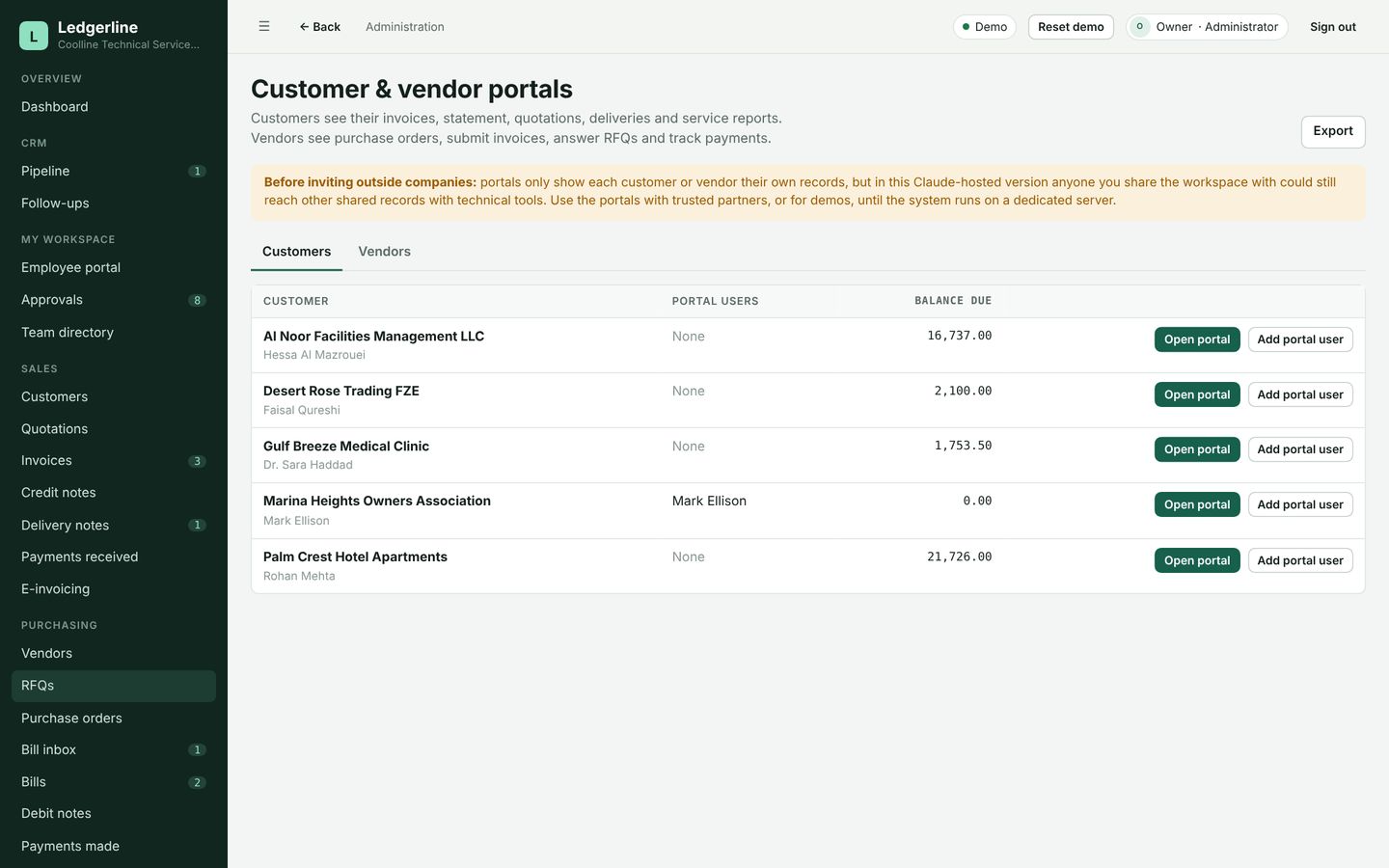 Ledgerline customer and vendor portals