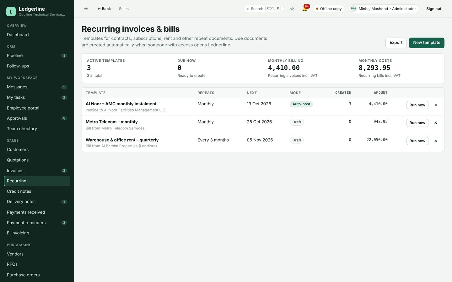Ledgerline recurring invoices and bills