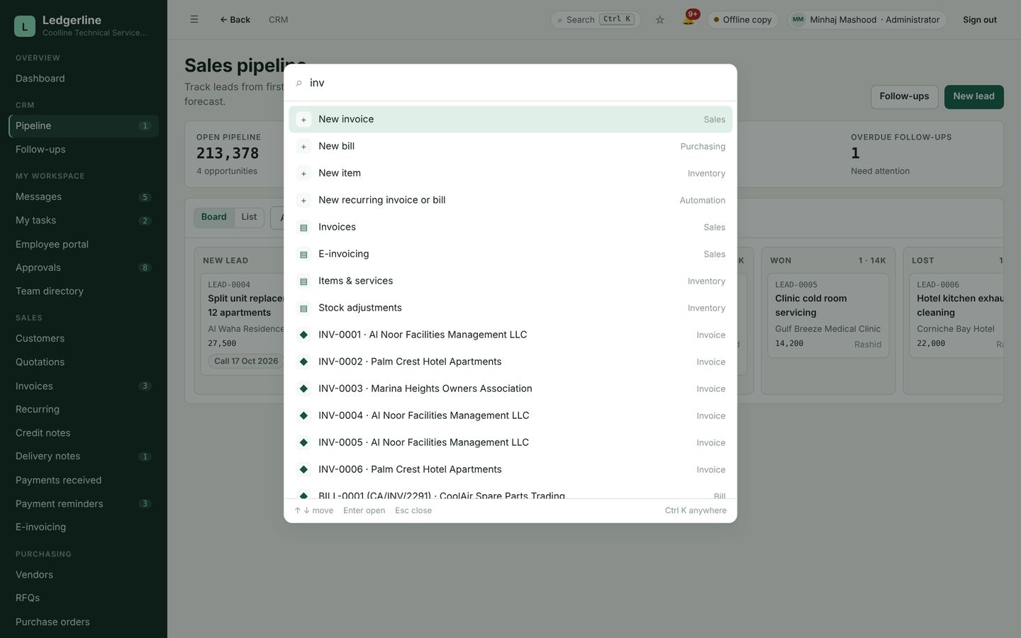 Ledgerline Ctrl K search and command palette