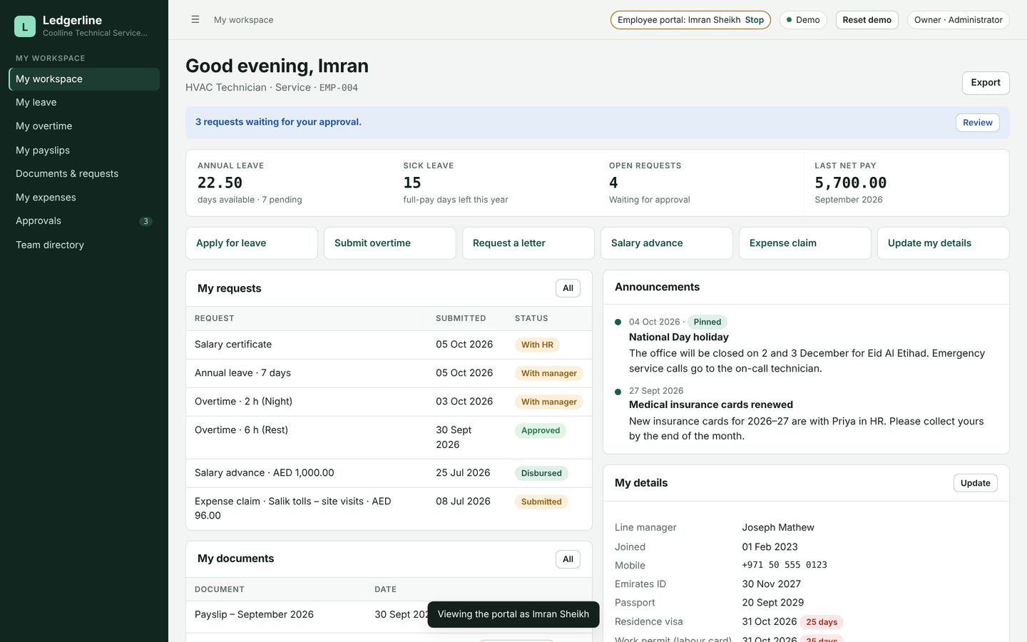 Ledgerline employee self-service portal
