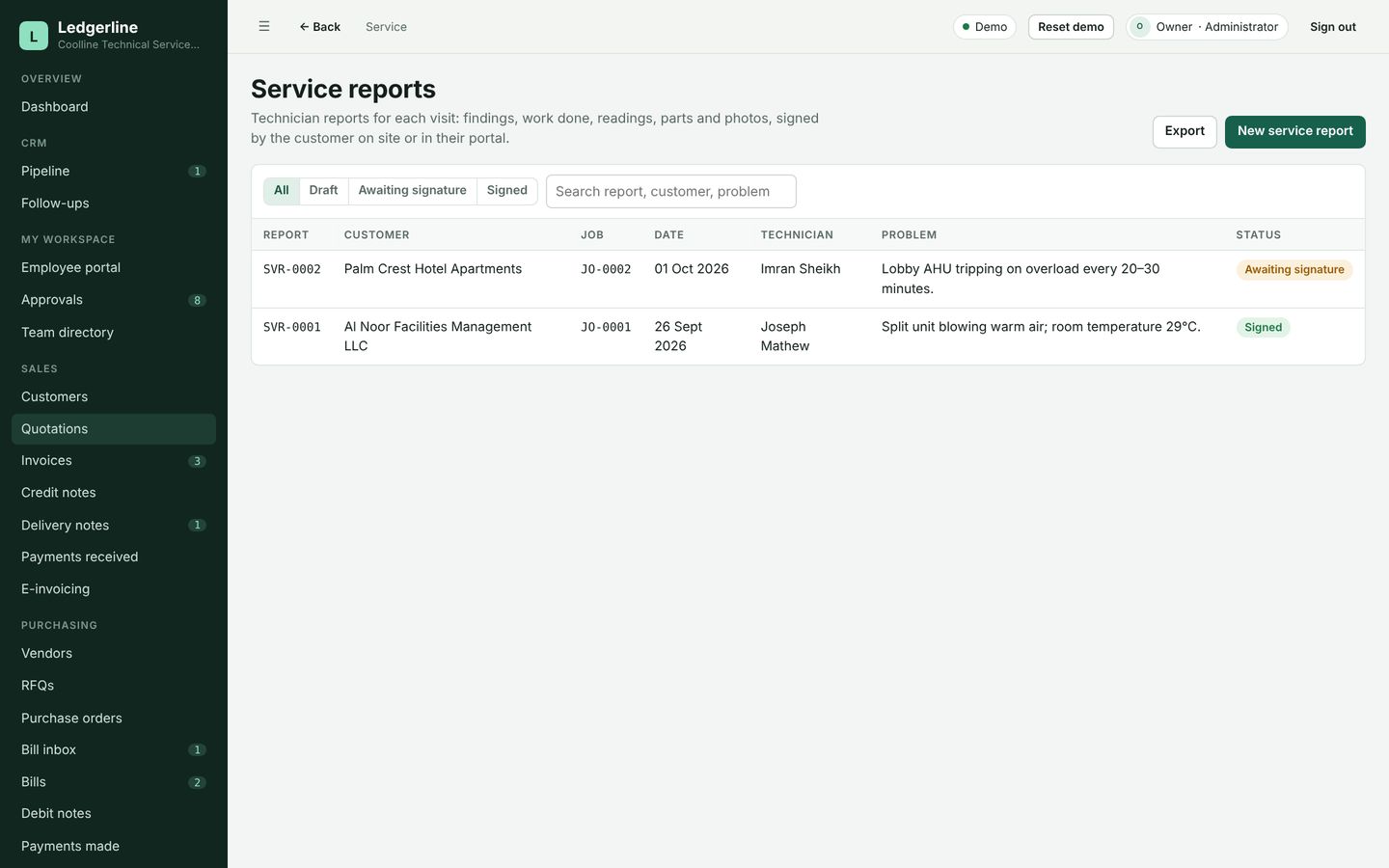 Ledgerline service reports