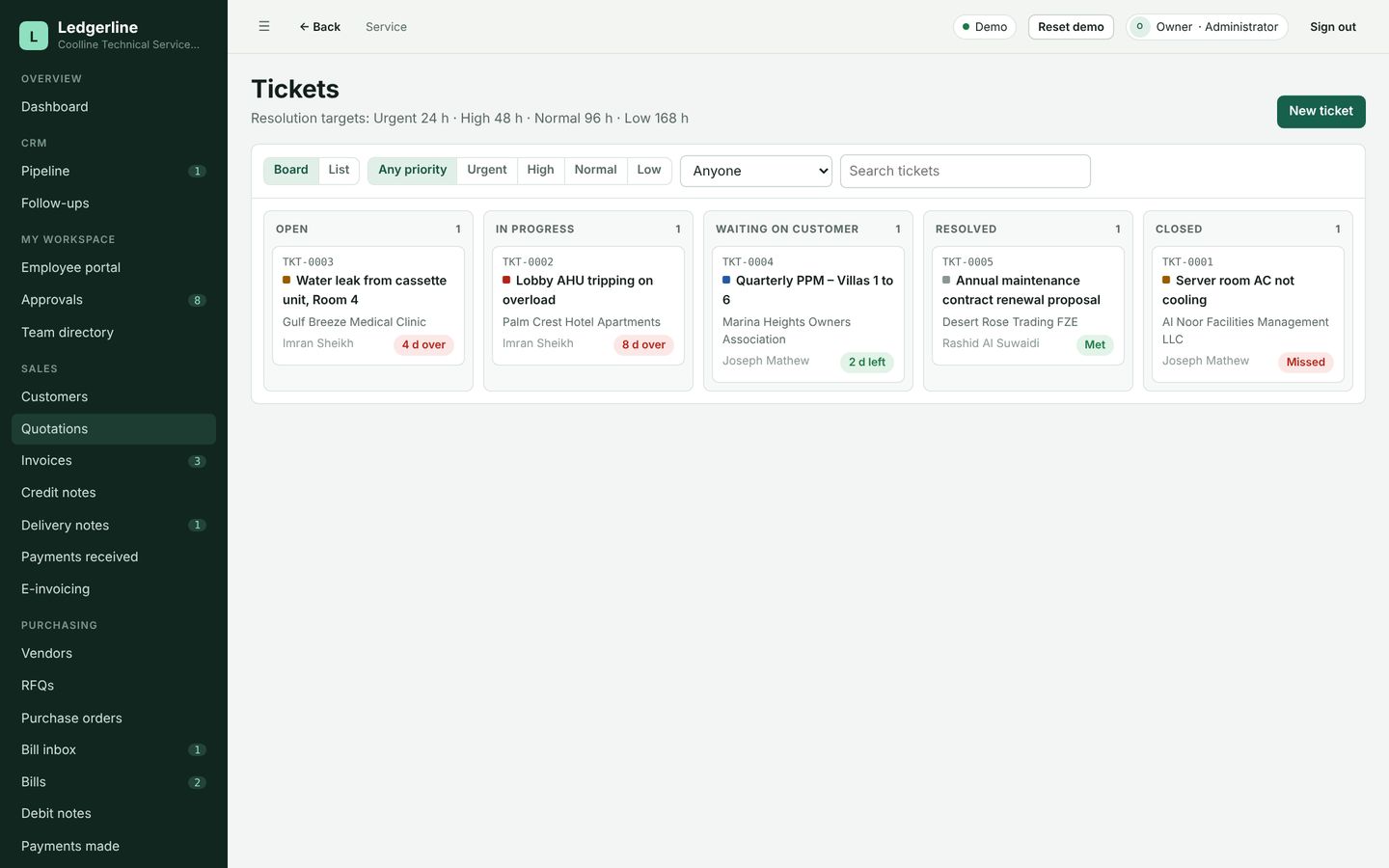 Ledgerline service tickets