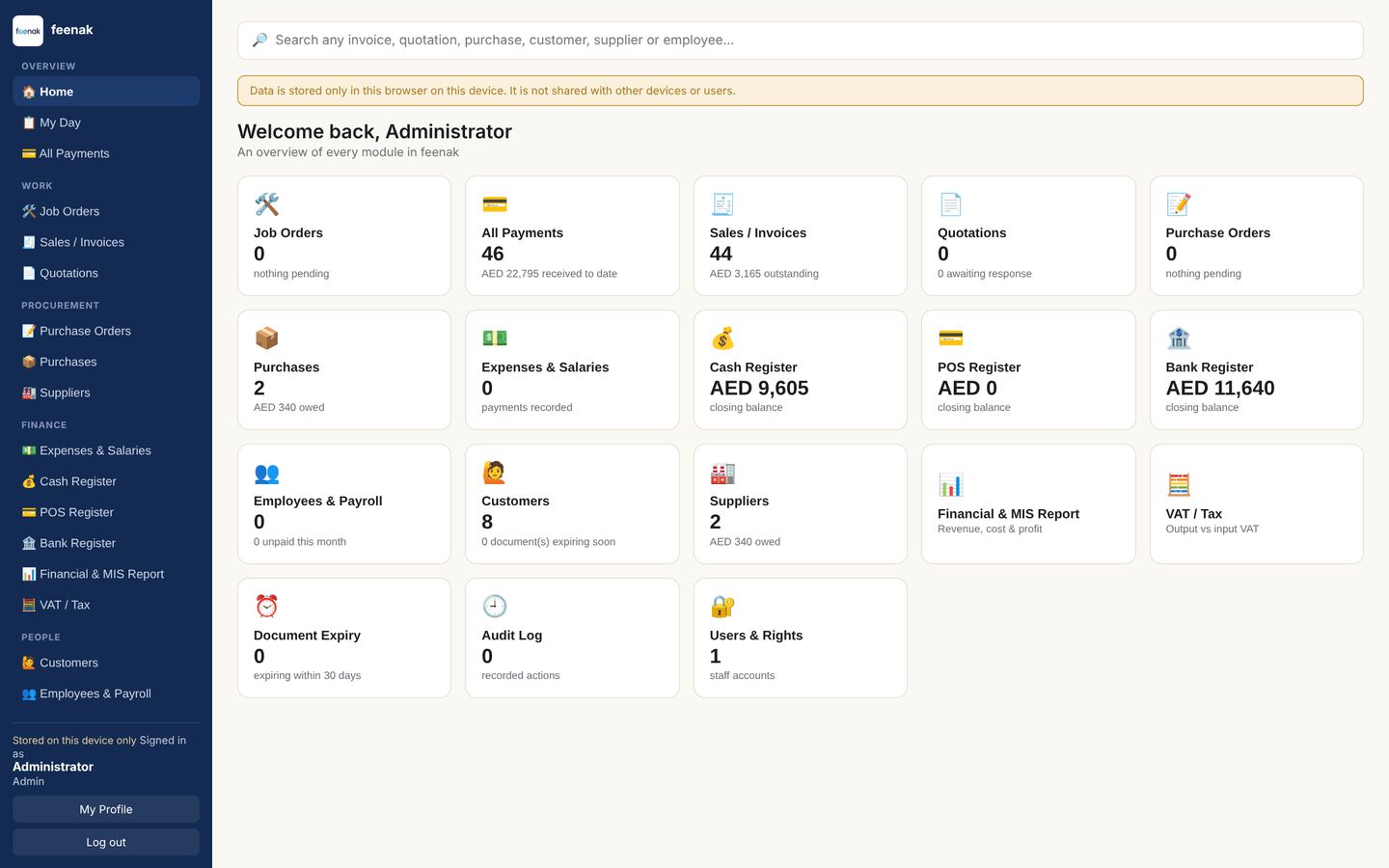Qirtasix home screen with job orders, payments, invoices, registers and reports